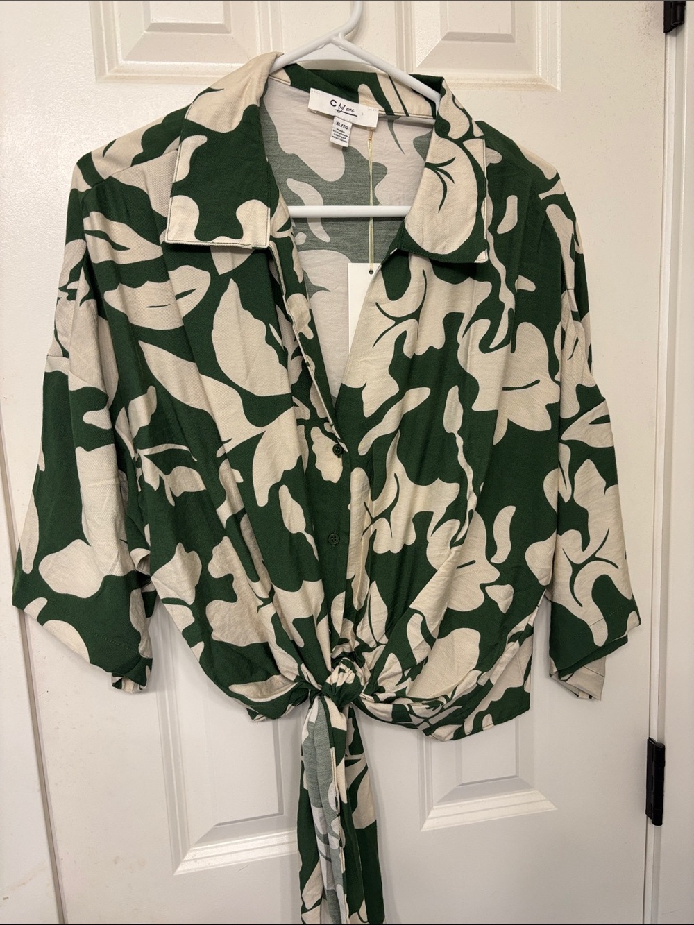 Tie-Front Button-Down Shirt in Green and Cream